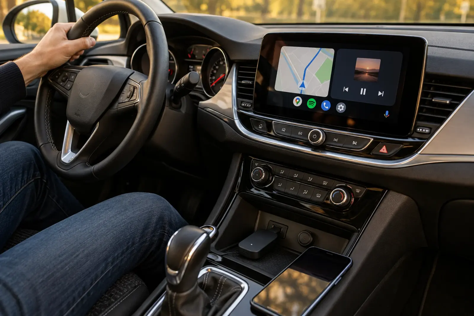 Draadloze Android Auto-adapter aangesloten in de middenconsole van een auto in Den Haag, met de telefoon ernaast en navigatie op het scherm