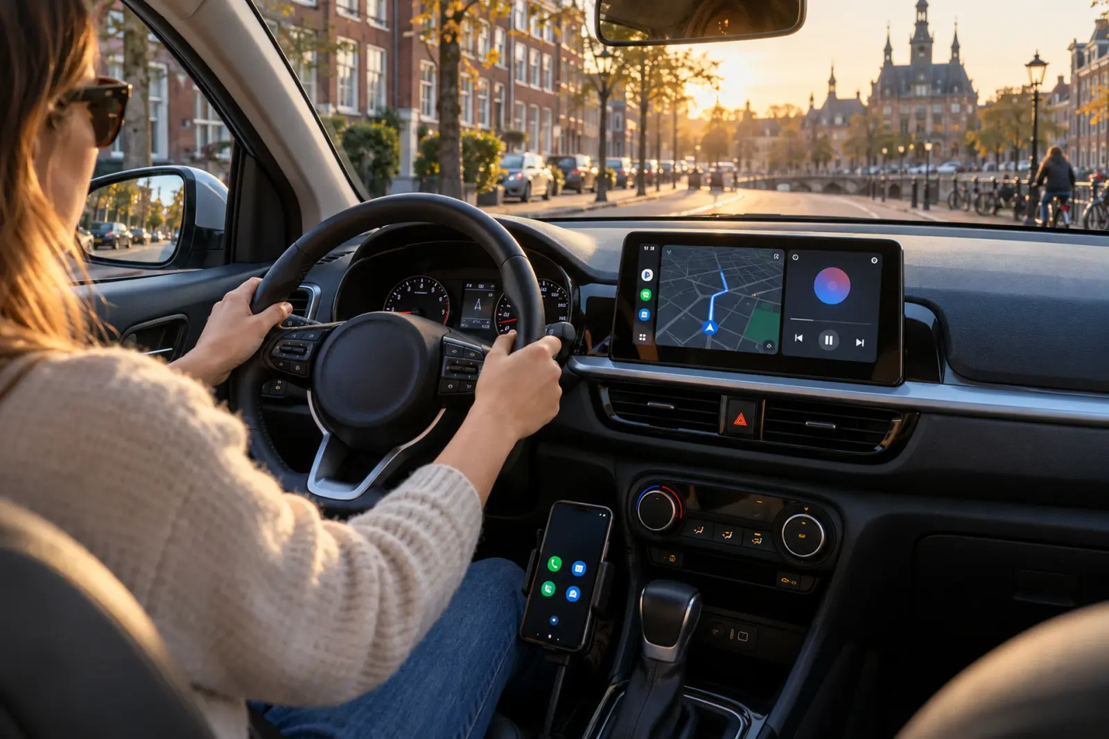 Android Auto bestellen in Den Haag: bestuurster rijdt door de binnenstad met navigatie en muziek op het dashboardscherm