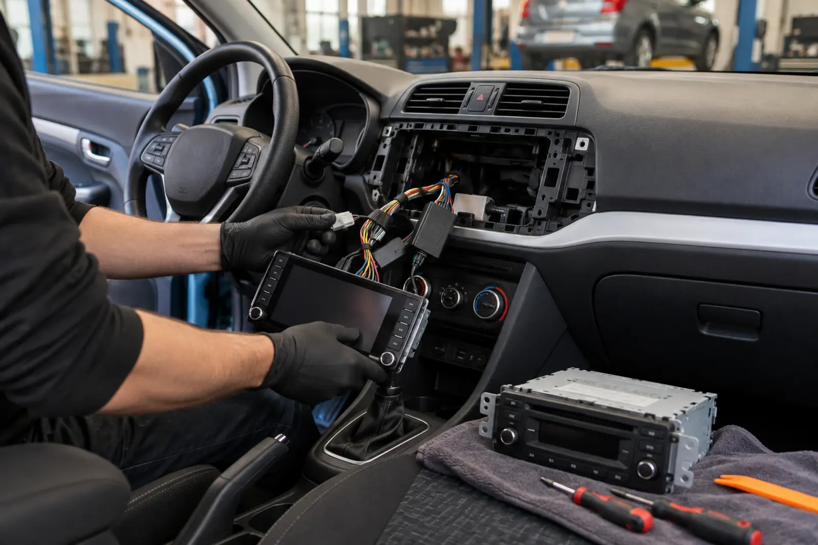 Android Auto radio inbouwen in Den Haag: monteur met handschoenen houdt de nieuwe touchscreen-radio met kabelboom vast, de oude fabrieksradio ligt ernaast