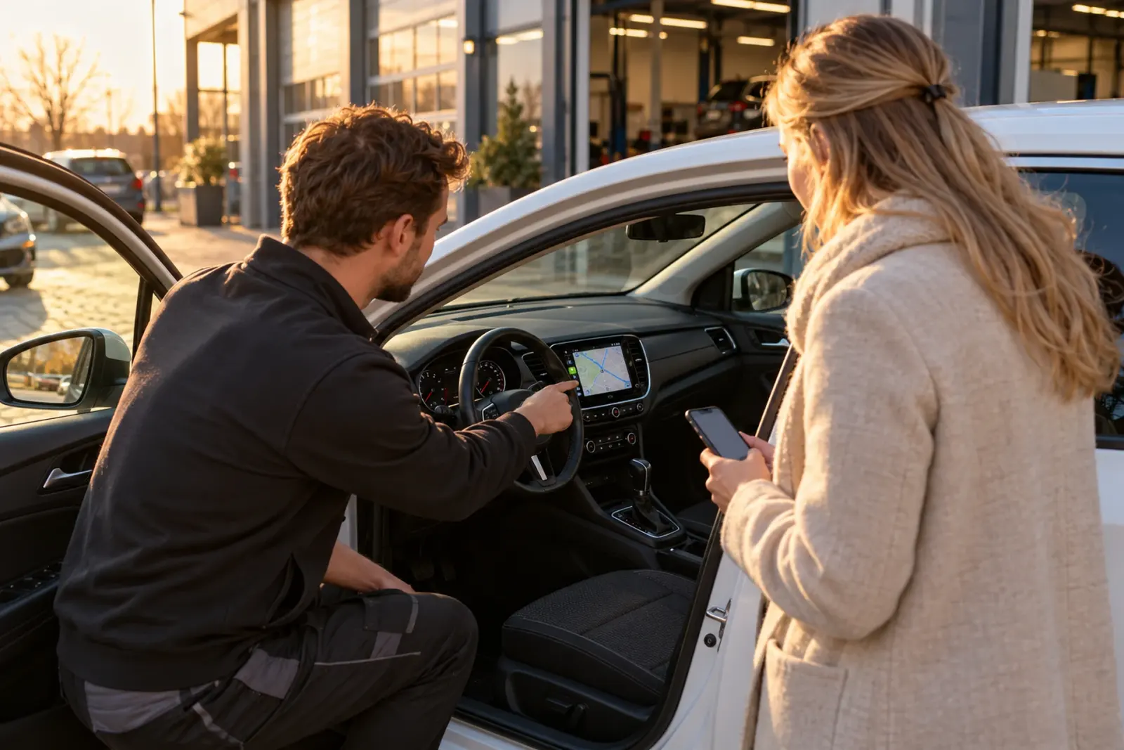 Monteur van de inbouwpartner wijst een klant uit Den Haag bij de open autodeur het nieuwe CarPlay-scherm aan