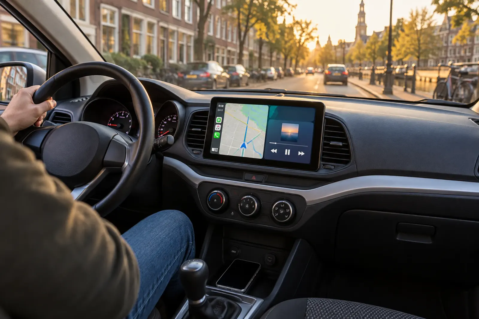 CarPlay bestellen in Den Haag: bestuurder rijdt langs een gracht met navigatie en muziek op het dashboardscherm
