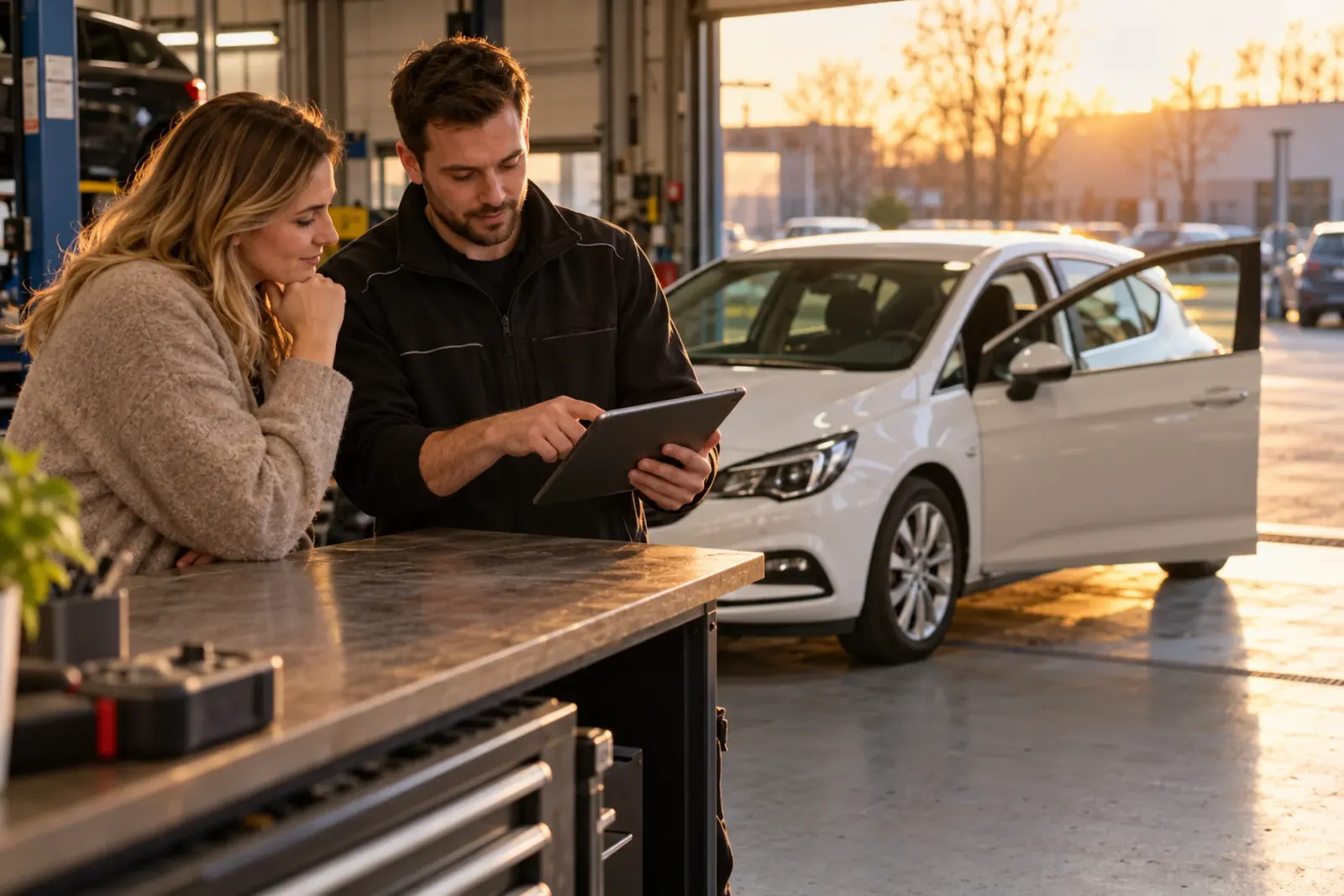 Adviseur van de inbouwpartner bespreekt de CarPlay prijzen op een tablet met een klant uit Den Haag aan de balie van de werkplaats