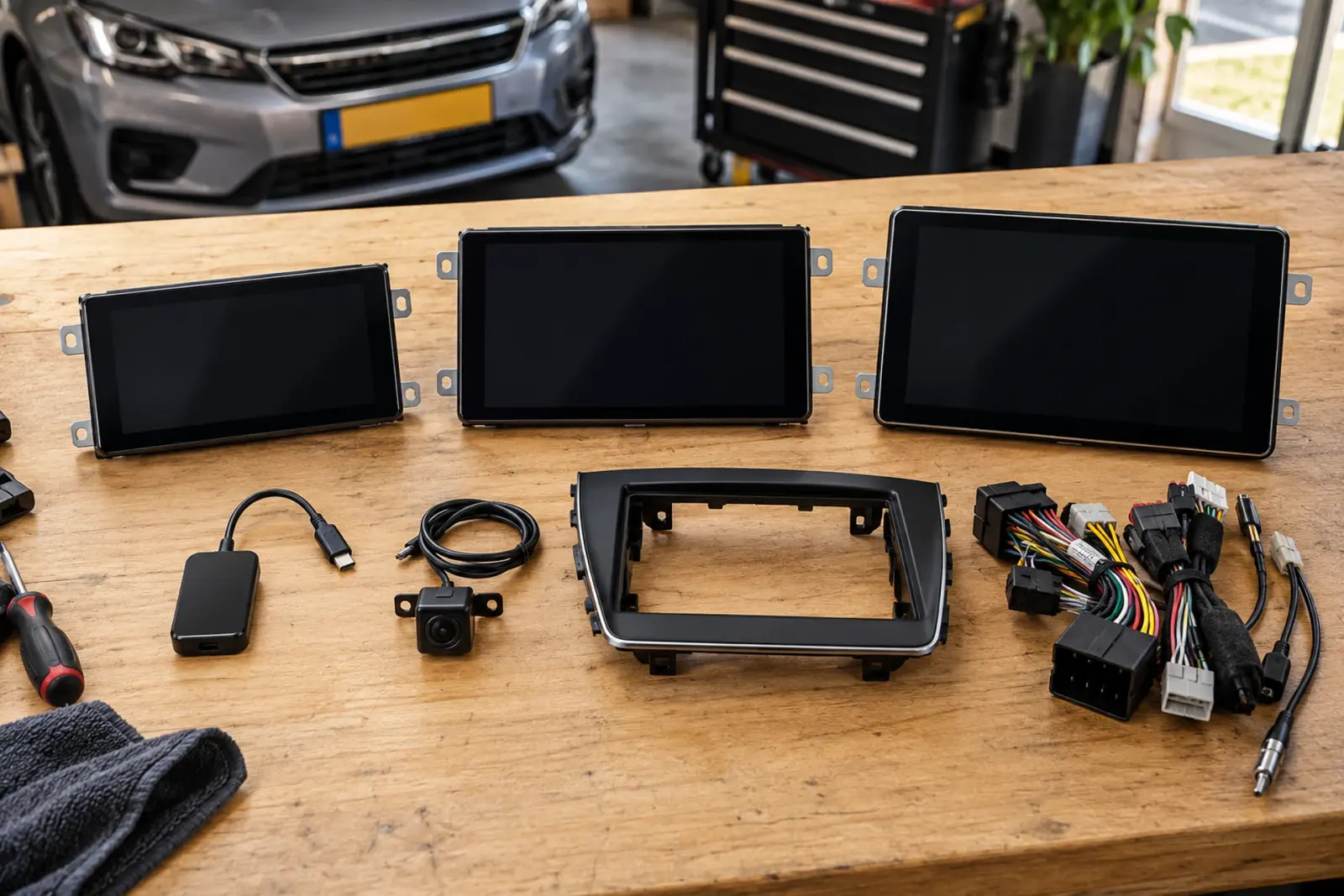 CarPlay prijzen in Den Haag: drie touchscreens in verschillende maten, een draadloze adapter, een achteruitrijcamera, een inbouwframe en kabelbomen op de werkbank