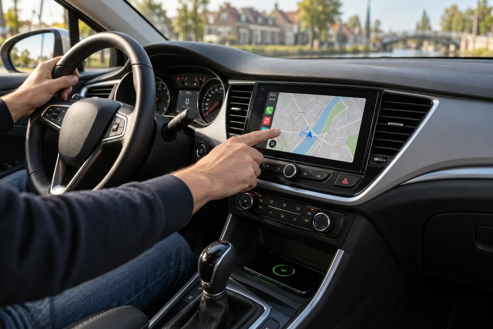 Bestuurder bedient de navigatie op een ingebouwd CarPlay-touchscreen tijdens een rit langs het water in Den Haag