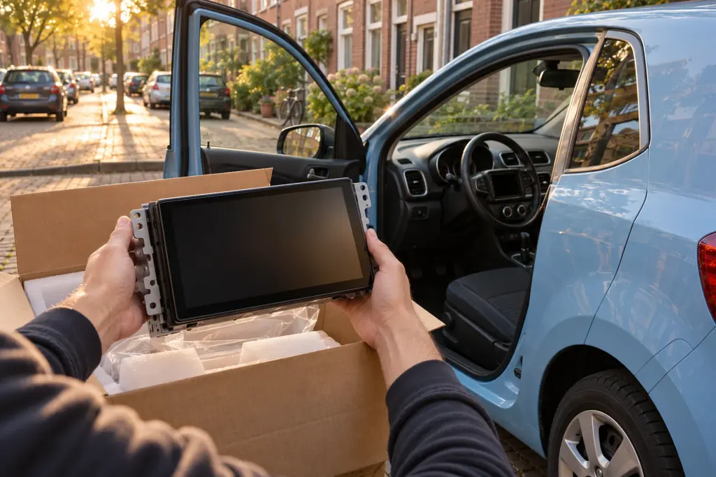 Nieuwe 2-DIN autoradio met touchscreen wordt naast een lichtblauwe hatchback uit de doos gehaald in een Haagse straat