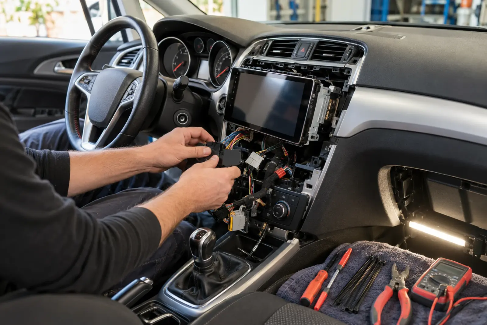 Kabelboom en stekkers worden aangesloten achter een deels gemonteerd CarPlay-scherm, met multimeter en tang op de werkbank, tijdens een inbouw voor een klant uit Den Haag