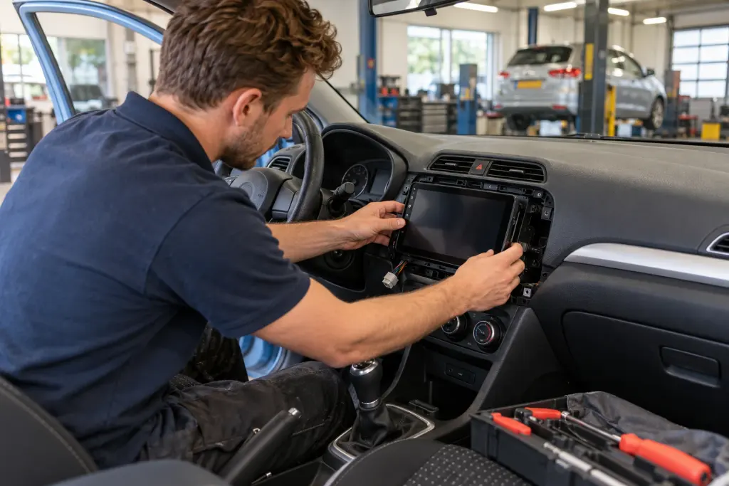 Monteur plaatst een touchscreen-radio in het dashboard van een blauwe auto in de werkplaats van de inbouwpartner voor Den Haag
