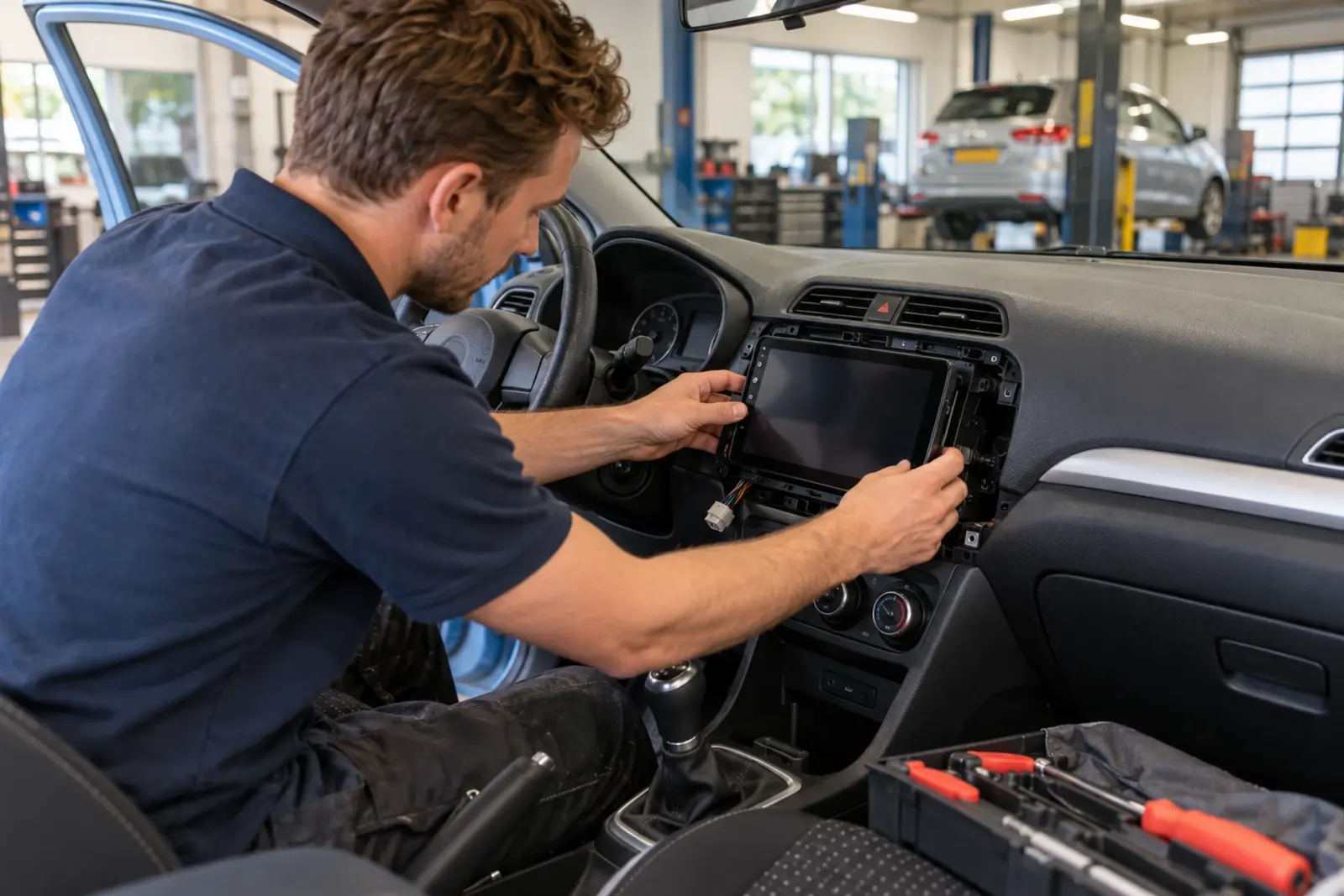 CarPlay scherm inbouwen in Den Haag: monteur plaatst een touchscreen-radio in het dashboard van een blauwe auto in de werkplaats van de inbouwpartner